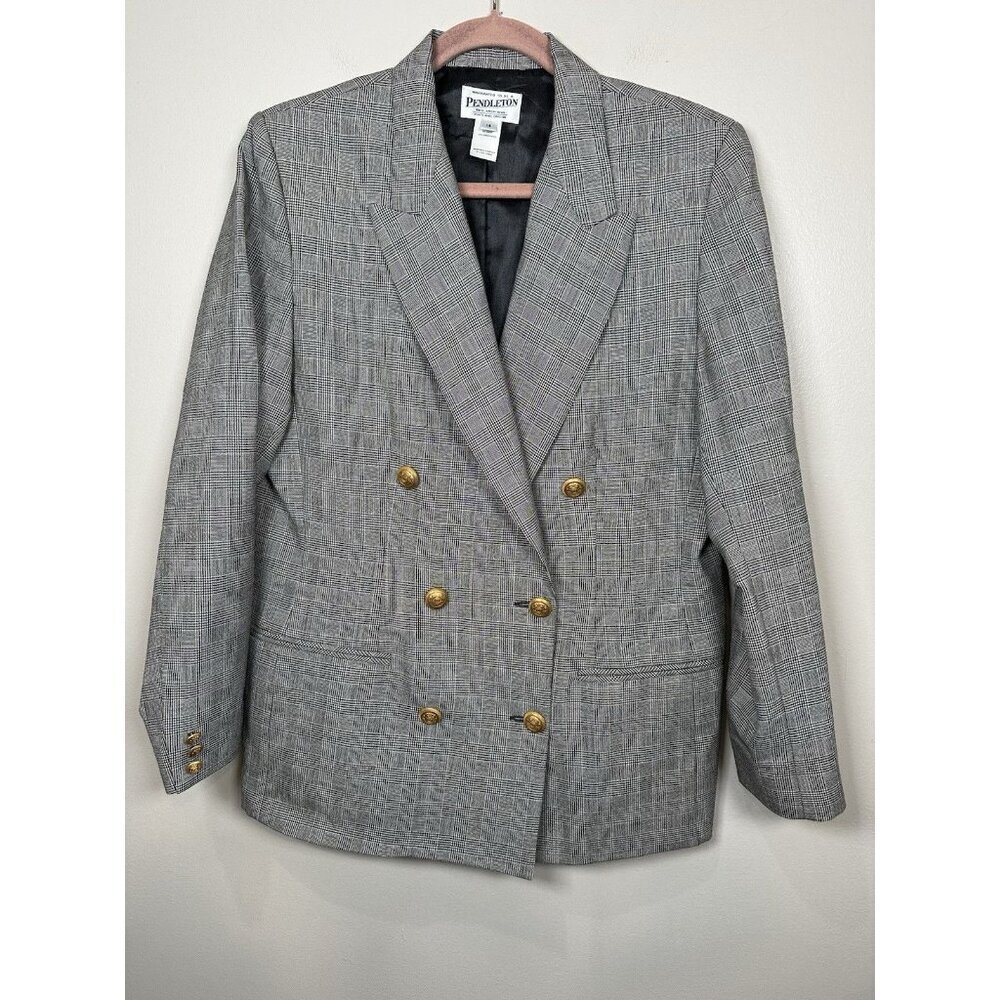 Pendleton Womens Double Breasted Blazer Size 14 100% Wool Houndstooth Classic